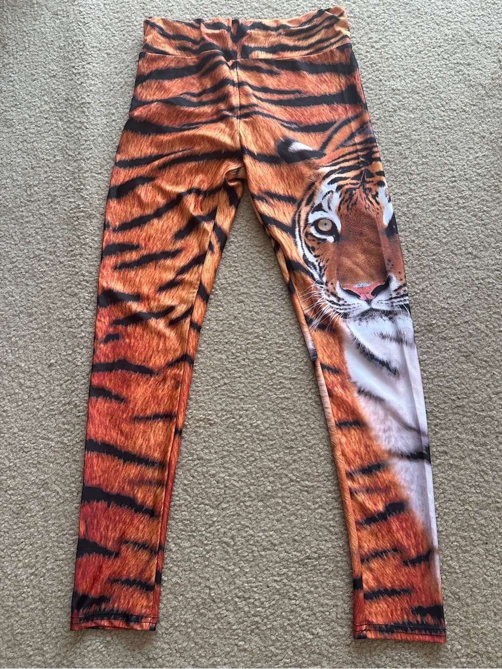 Tiger Print Orange Women’s Leggings with Tiger Face Size Medium